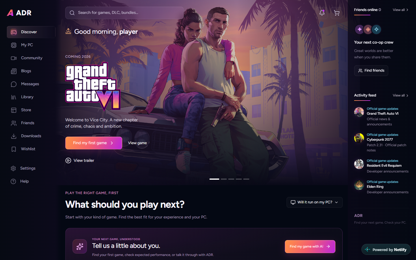 ADR Games home screen with a featured game, activity feed and AI game finder