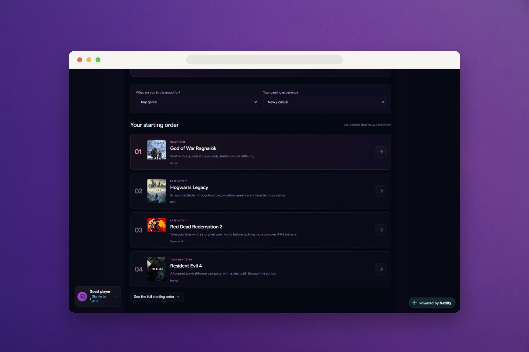 ADR Games in a browser window