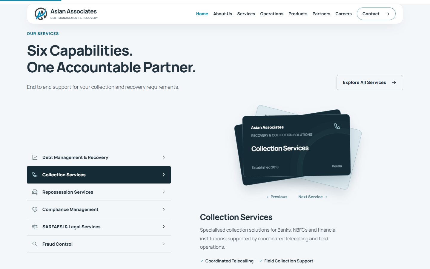 Asian Associates home page services: six capabilities in a list, with a card for the selected service