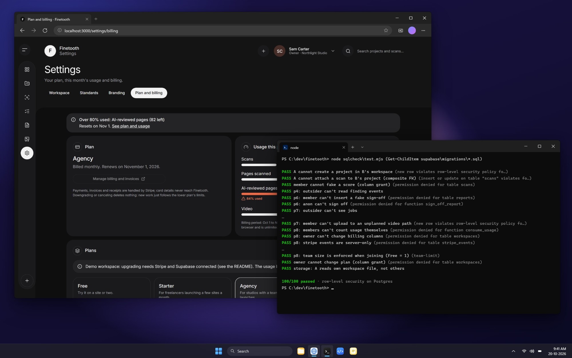 Billing page in dark mode next to 100 of 100 database security checks passing