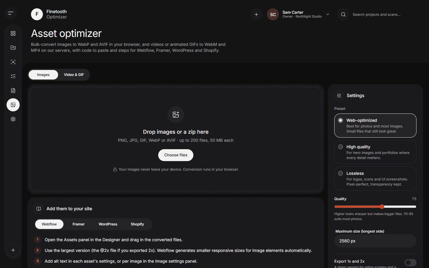 Finetooth asset optimizer with presets and steps for Webflow, Framer, WordPress and Shopify