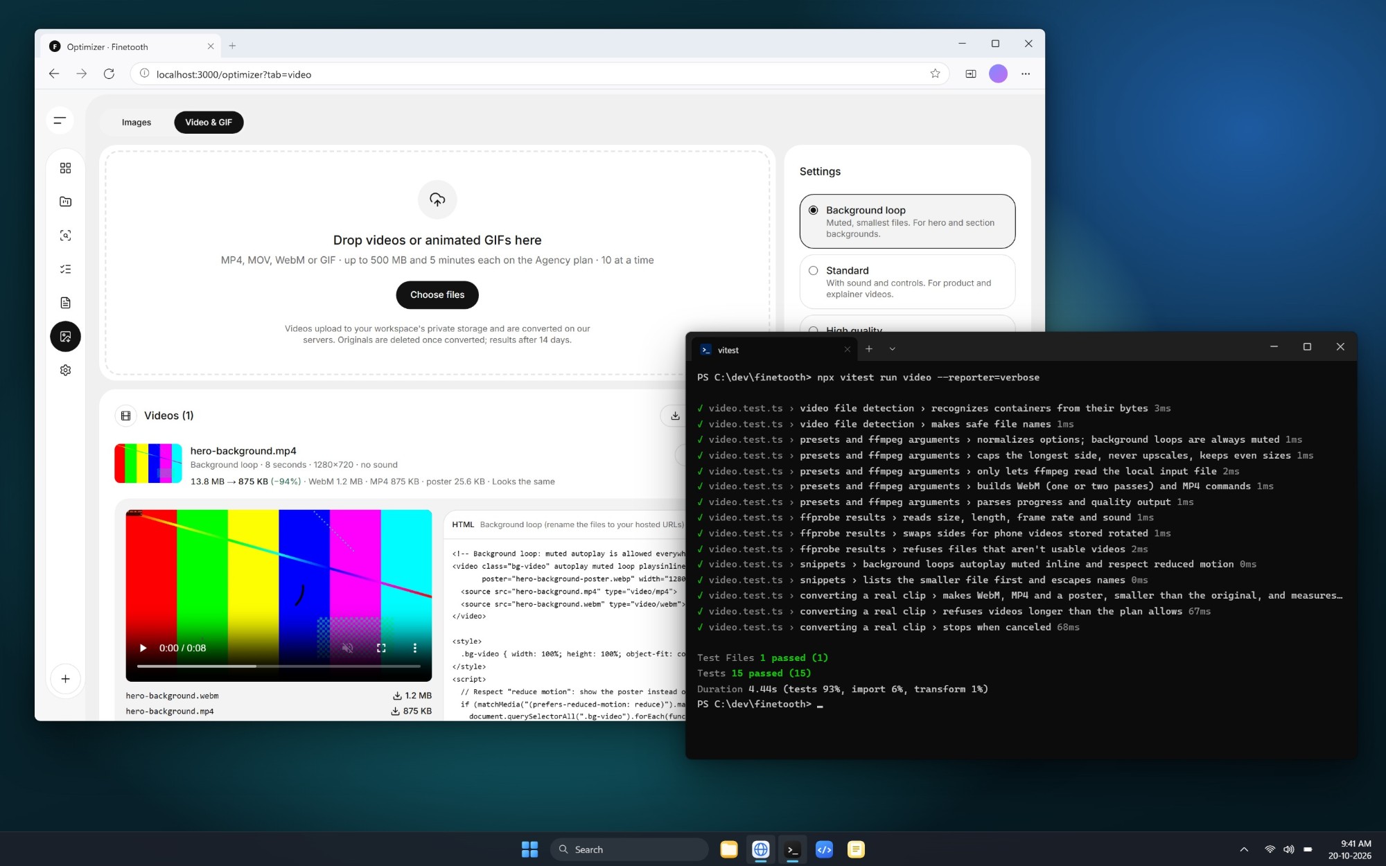 Video optimizer converting a hero background next to 15 passing video tests