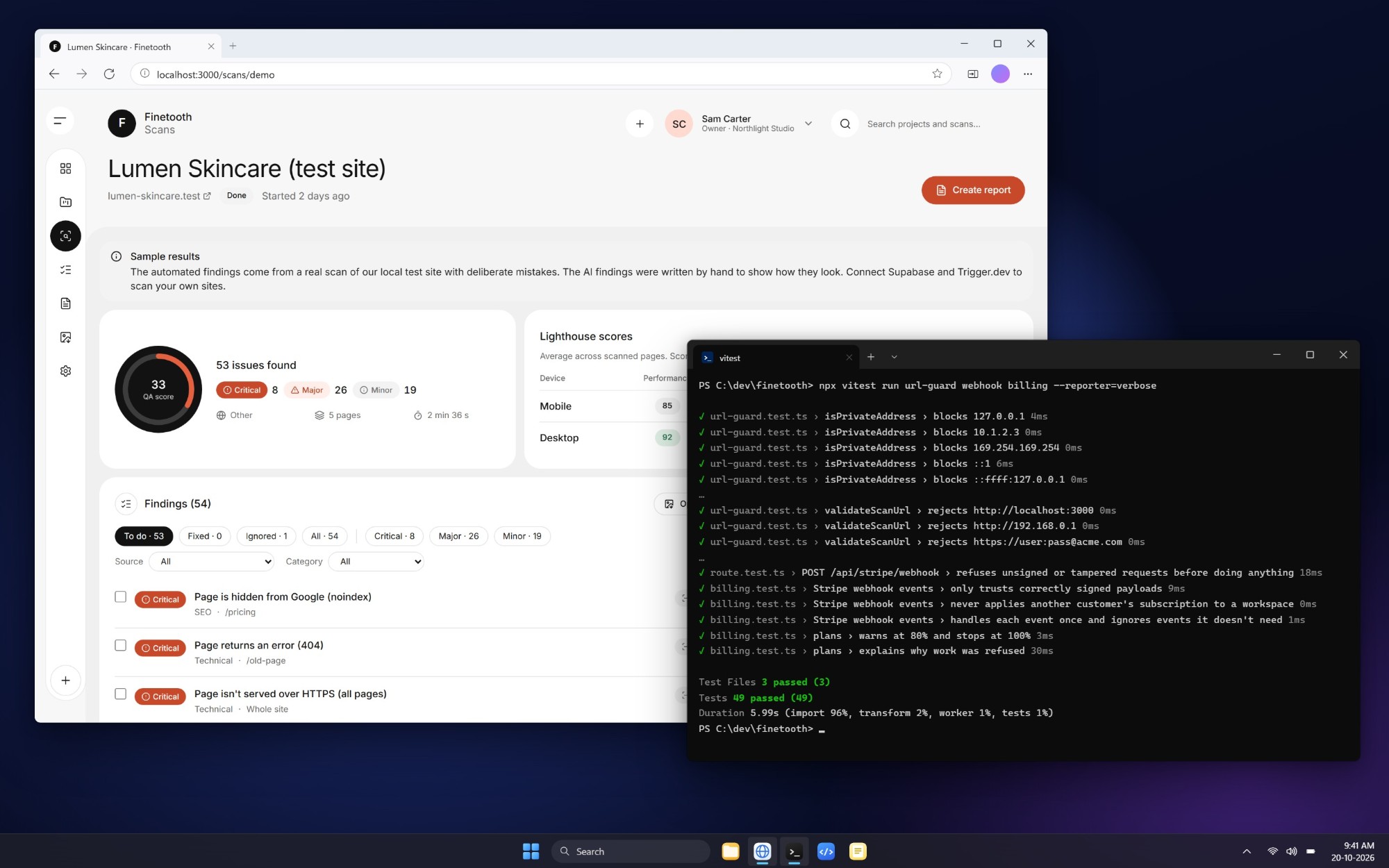 Scan results for a test site next to 49 passing scanner, webhook and billing tests