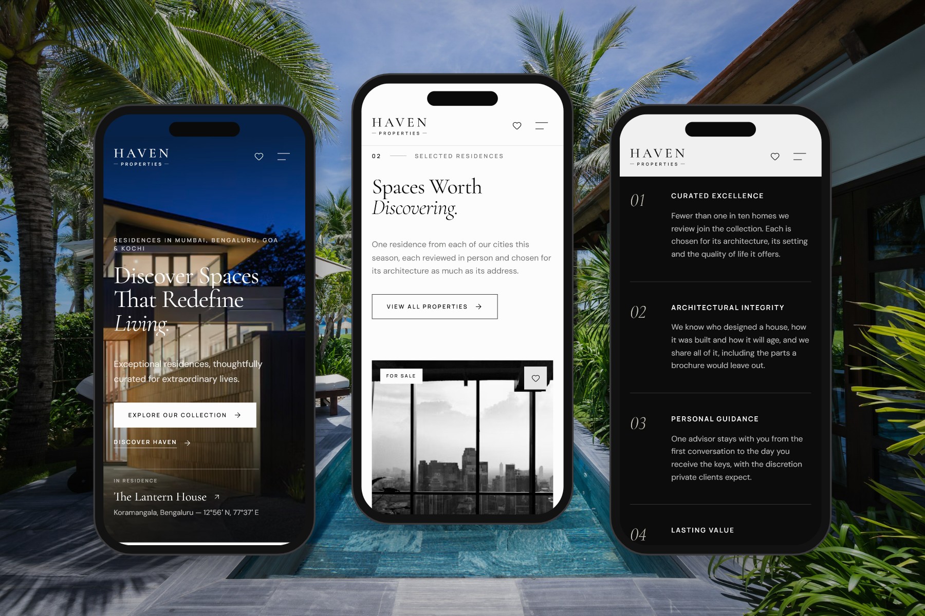 Haven Properties on three phone screens