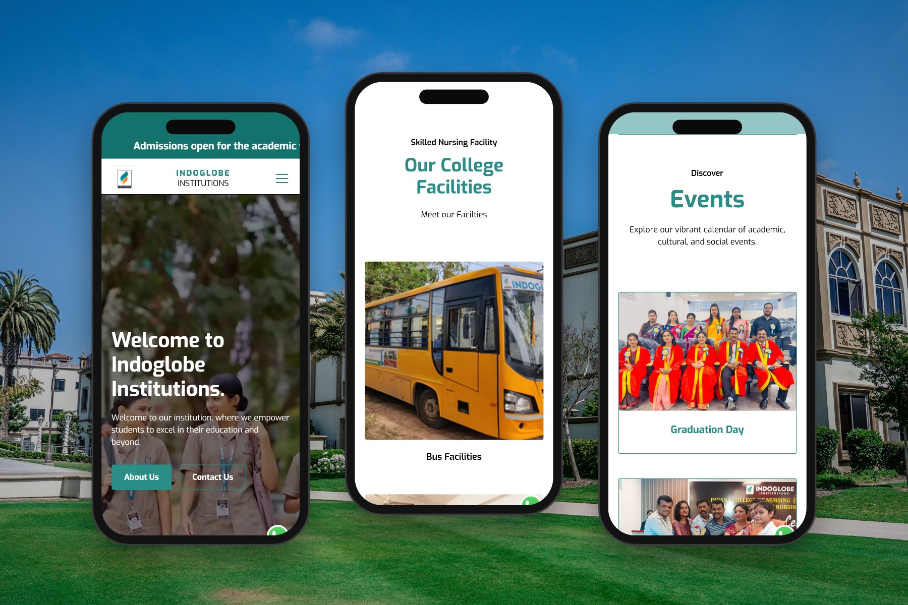 Indoglobe Institutions on three phone screens