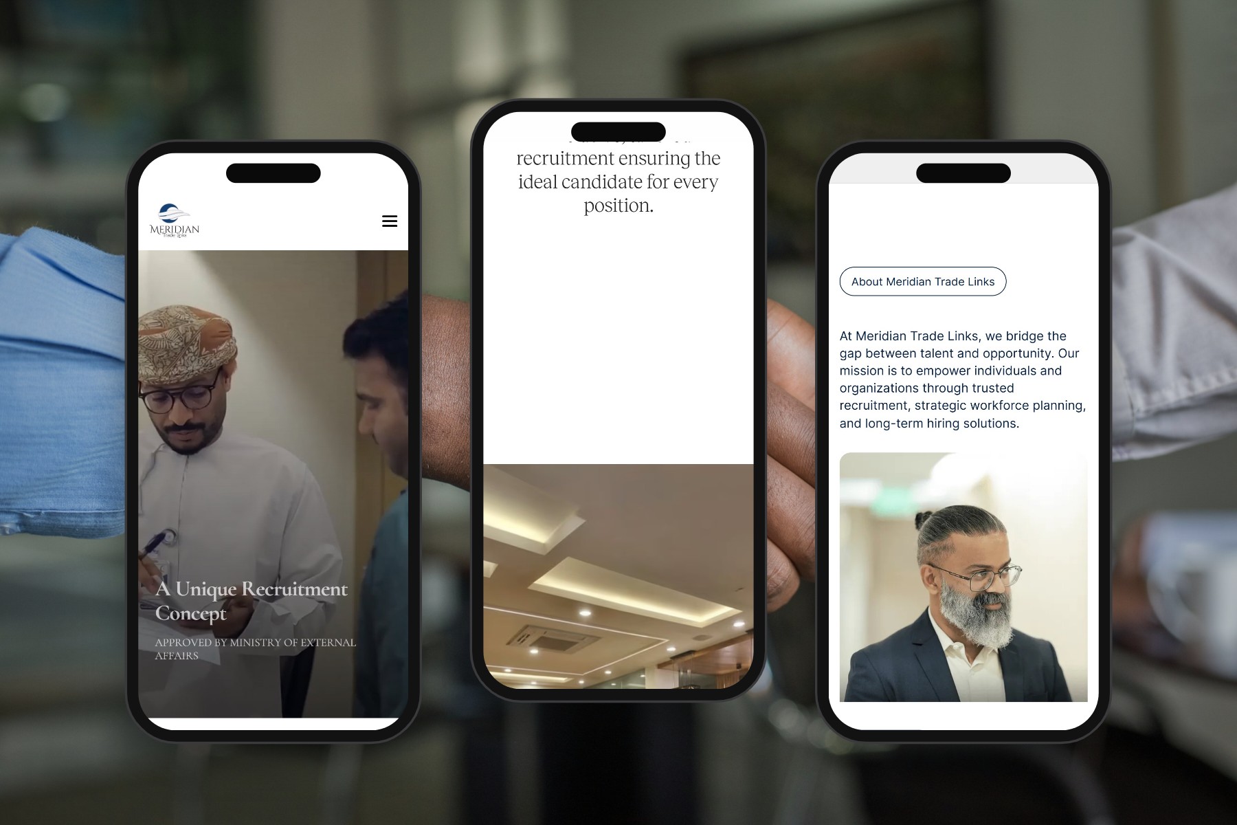 Meridian Trade Links on three phone screens