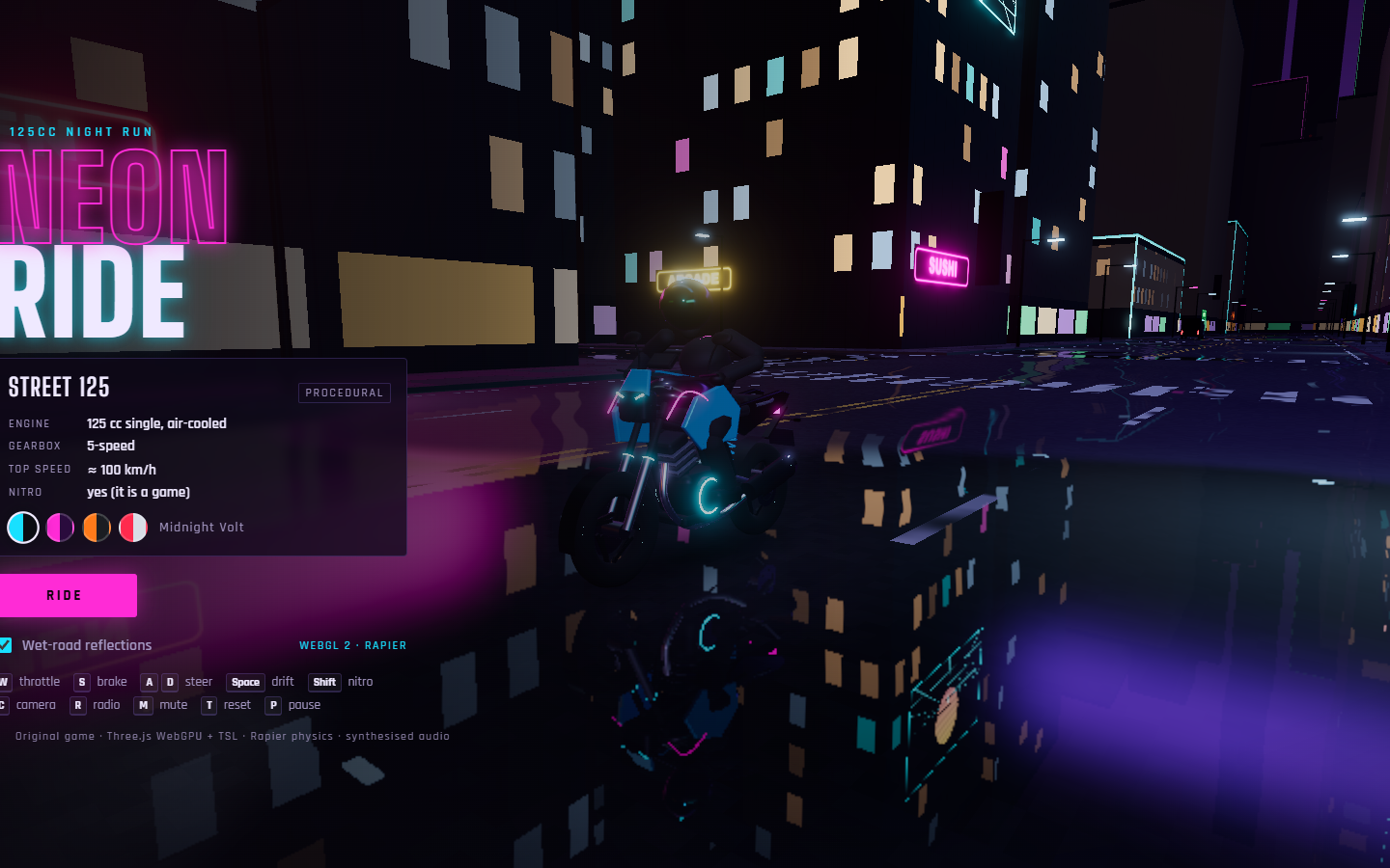 Neon Ride garage screen: the Street 125 bike on a wet neon street, with paint options and controls