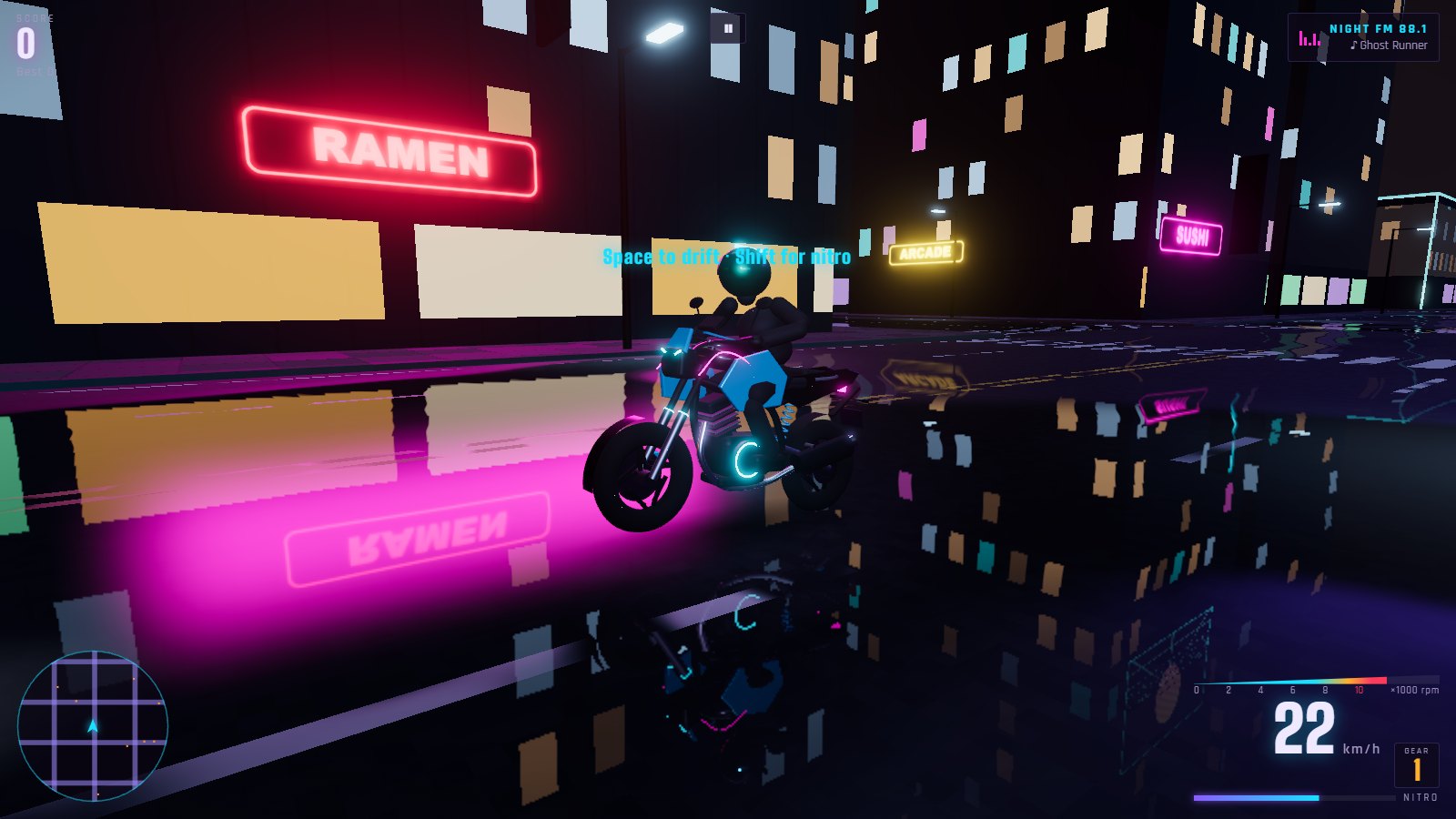 Riding the Street 125 past a neon ramen sign, its pink glow reflected in the wet road