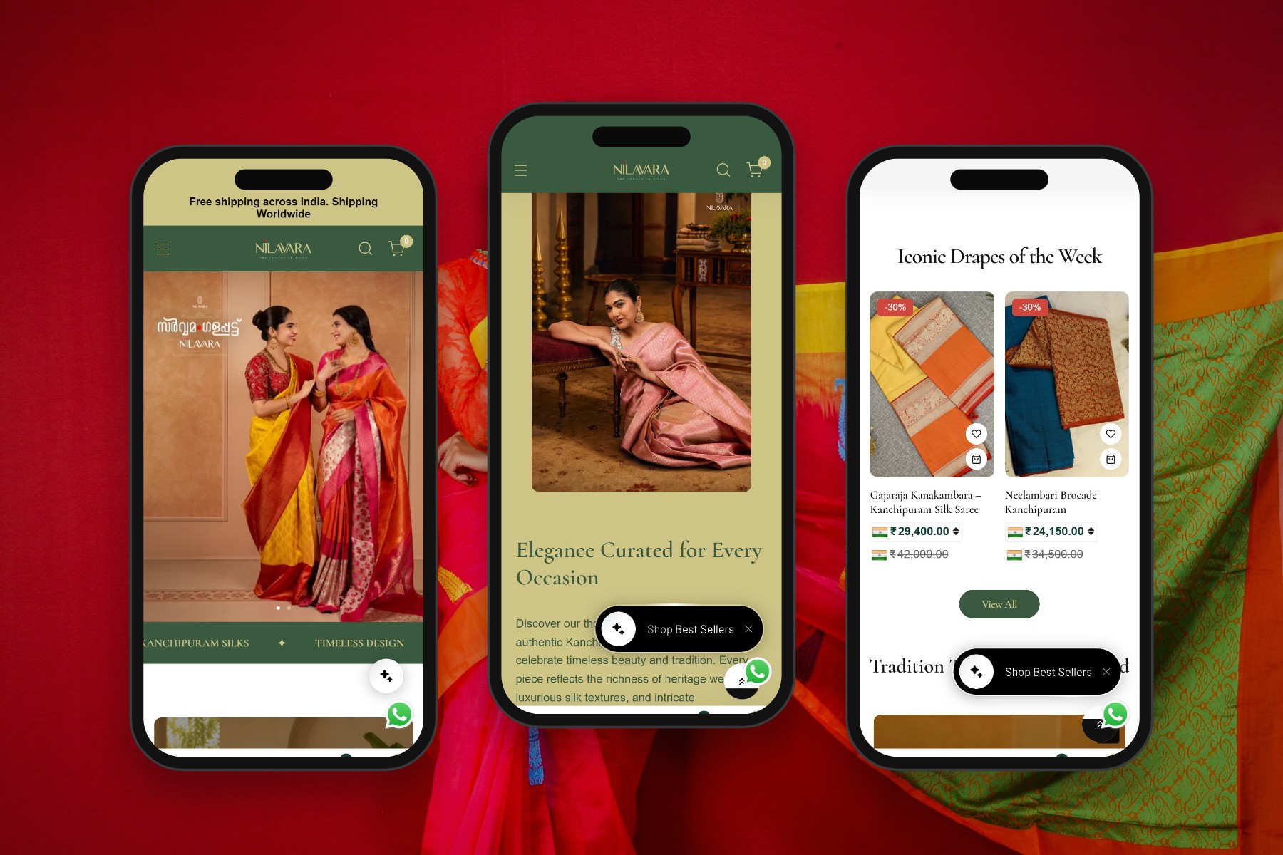 Nilavara Silks on three phone screens